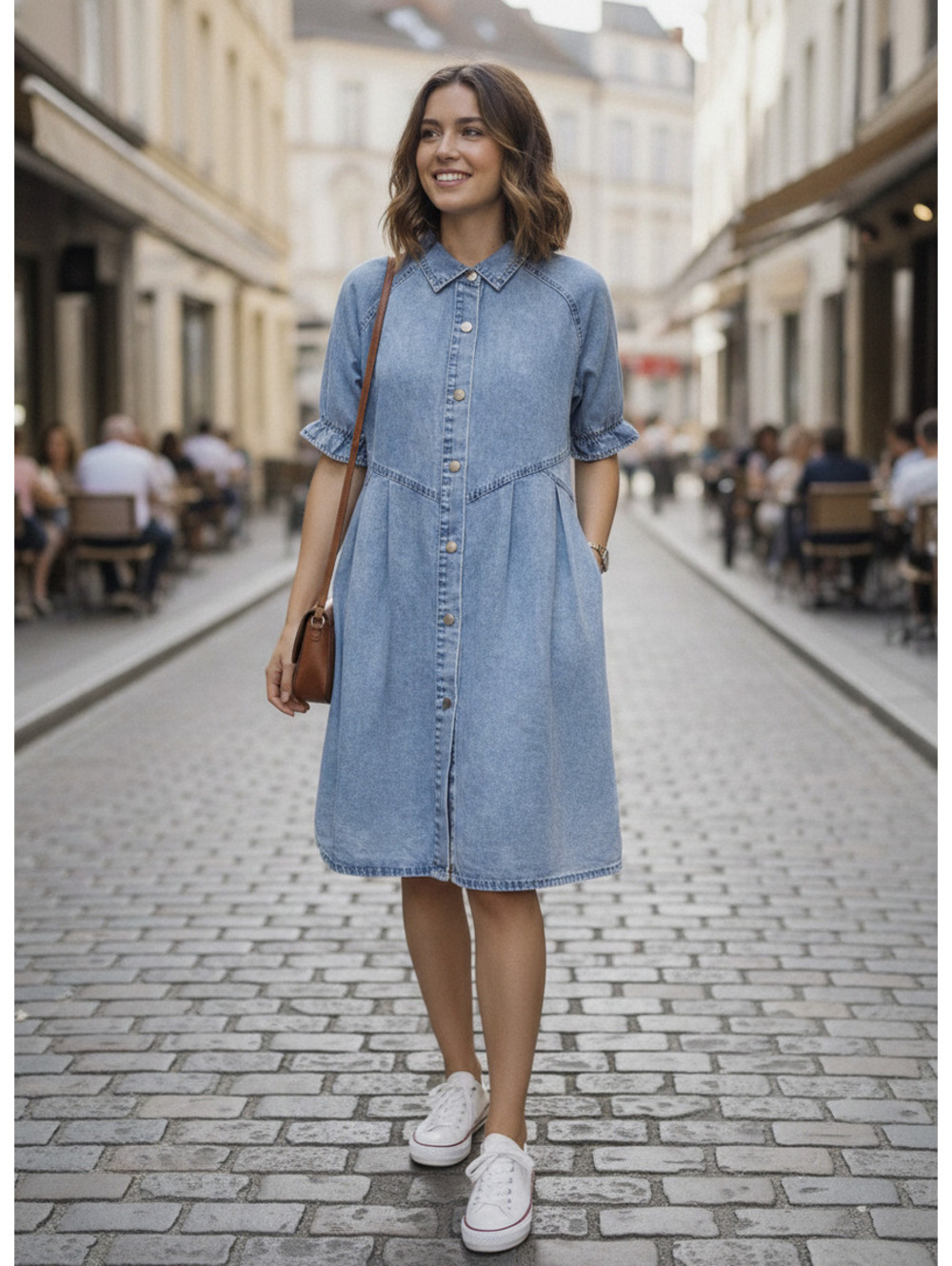 Medium Blue Denim Button-Up Dress with Ruffle Sleeves
